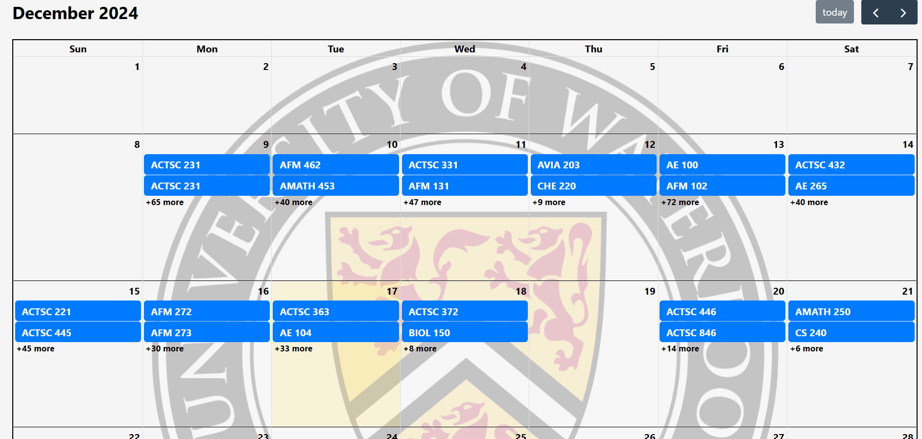 University of Waterloo Exam Timetable